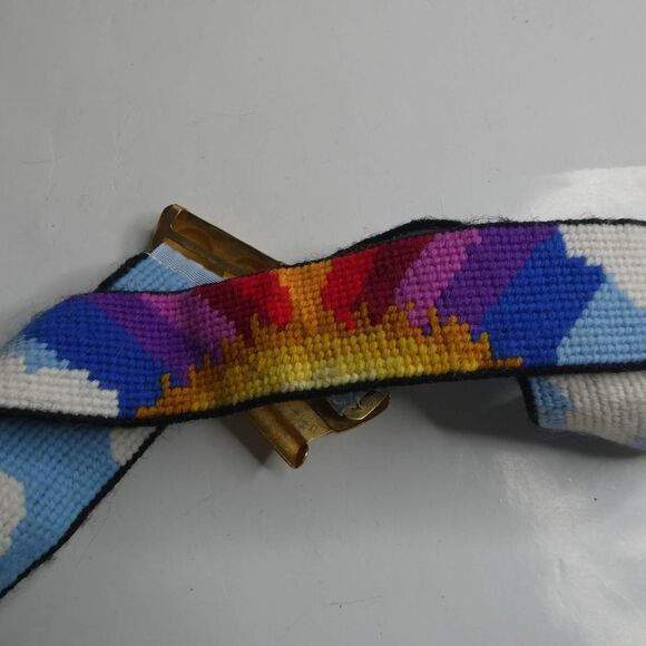 Vintage Handmade Belt Hippie Boho Rainbow Sun Clouds Sky Needlepoint Metal - Picture 1 of 9